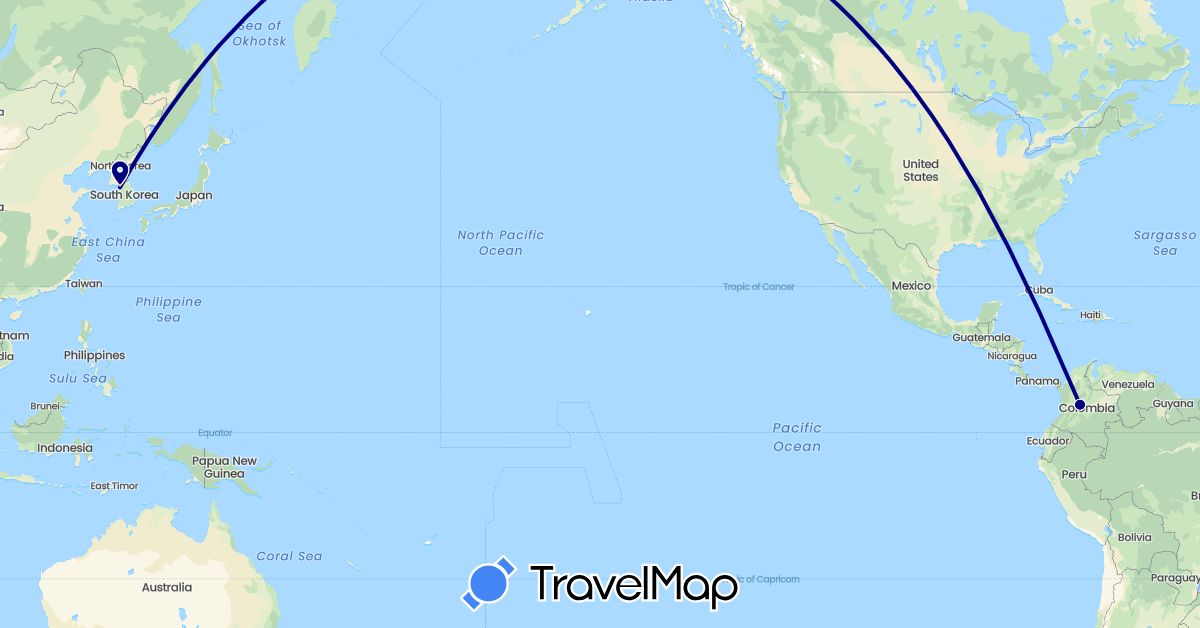 TravelMap itinerary: driving in Colombia, South Korea (Asia, South America)